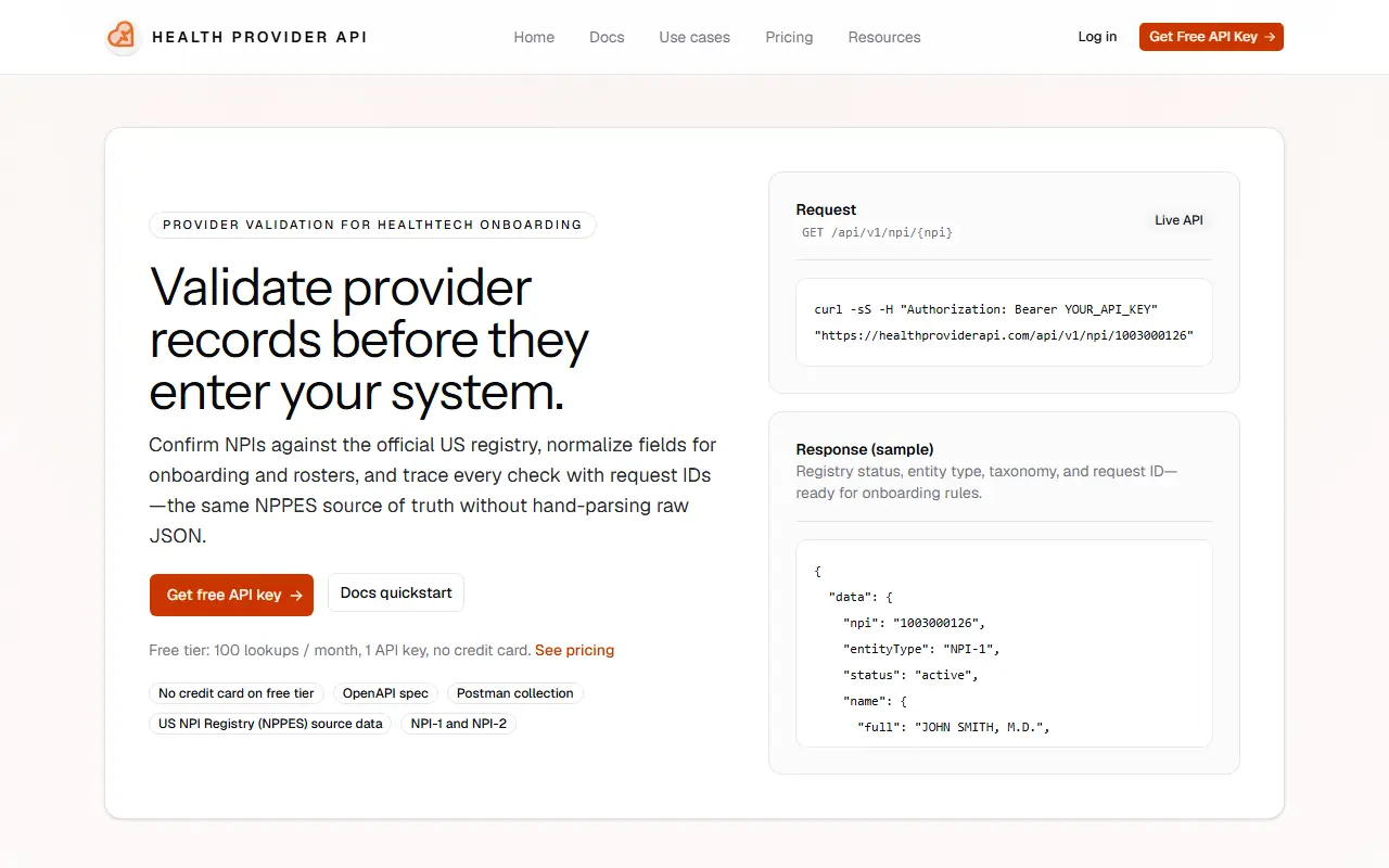 Health Provider API homepage screenshot