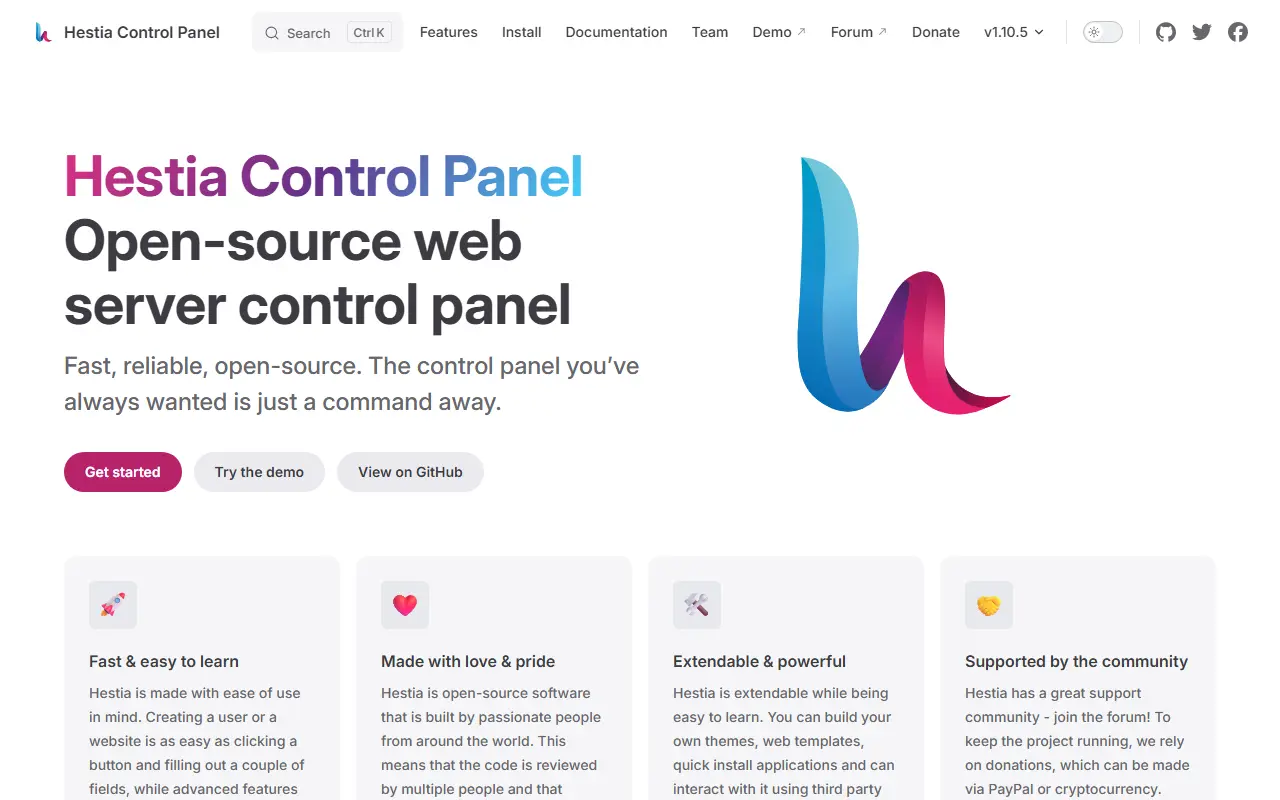 HestiaCP homepage screenshot