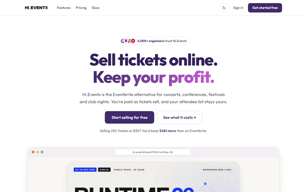 Hi.Events homepage screenshot
