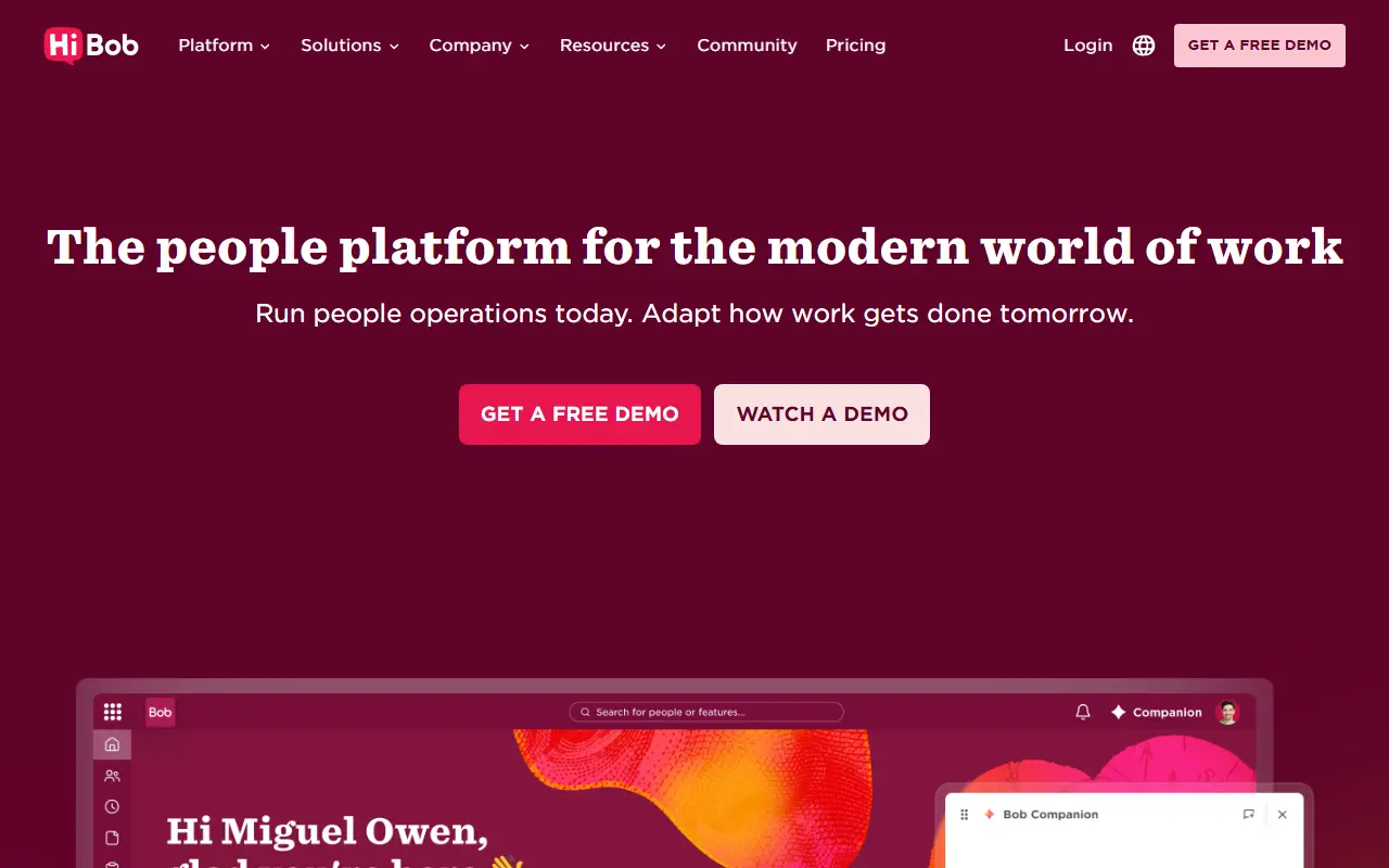 HiBob homepage screenshot