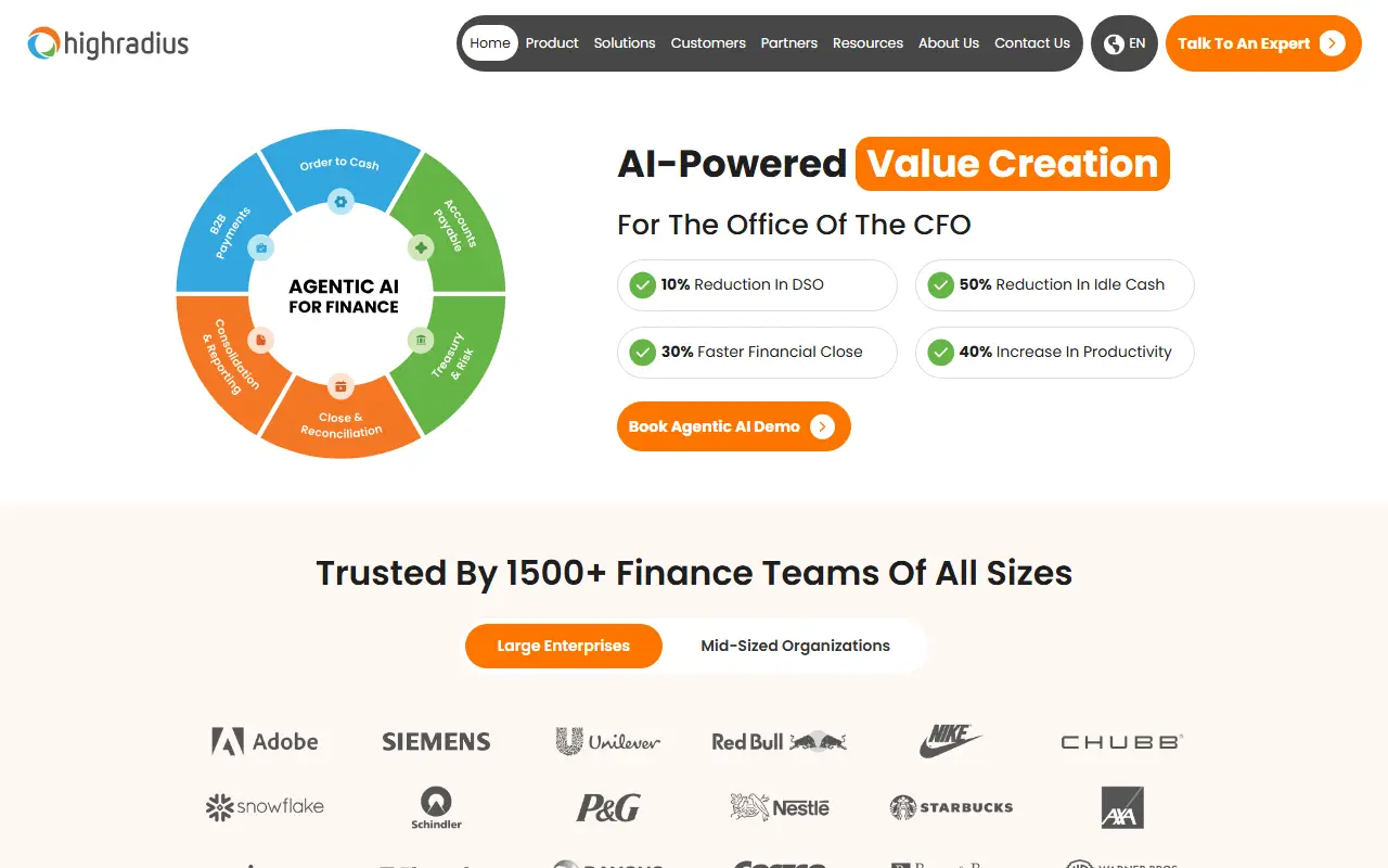 HighRadius homepage screenshot