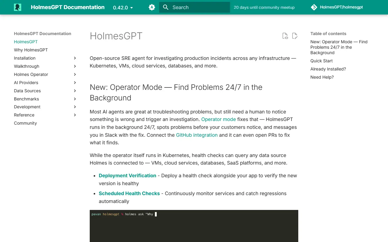 HolmesGPT homepage screenshot