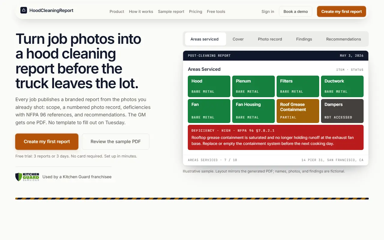 HoodCleaningReport homepage screenshot
