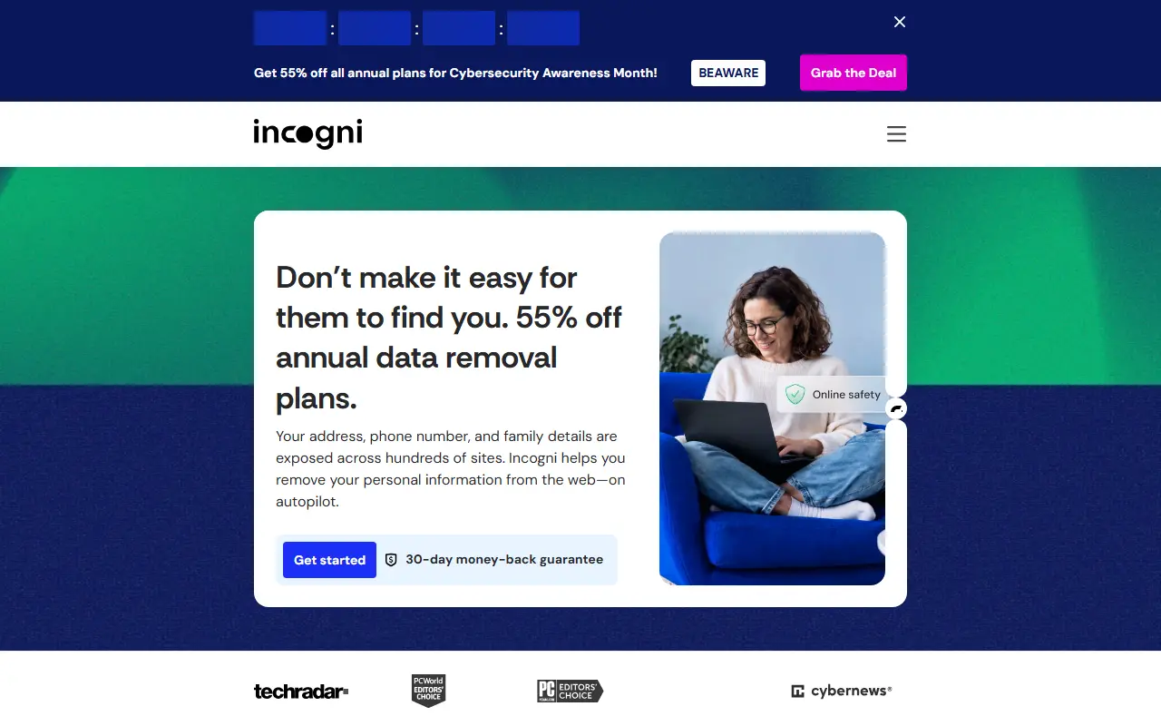 Incogni homepage screenshot