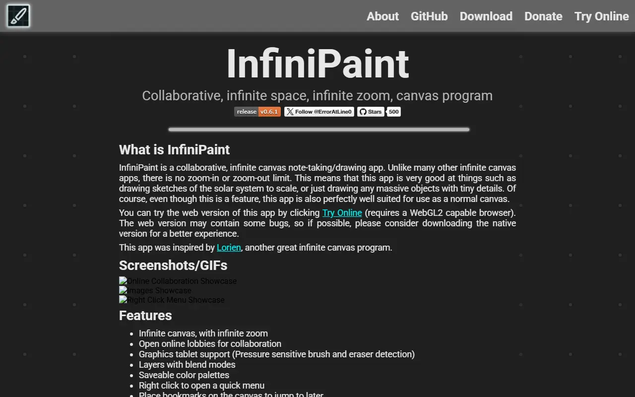 InfiniPaint homepage screenshot