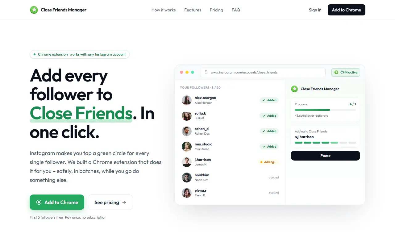 Instagram Close Friends Manager homepage screenshot
