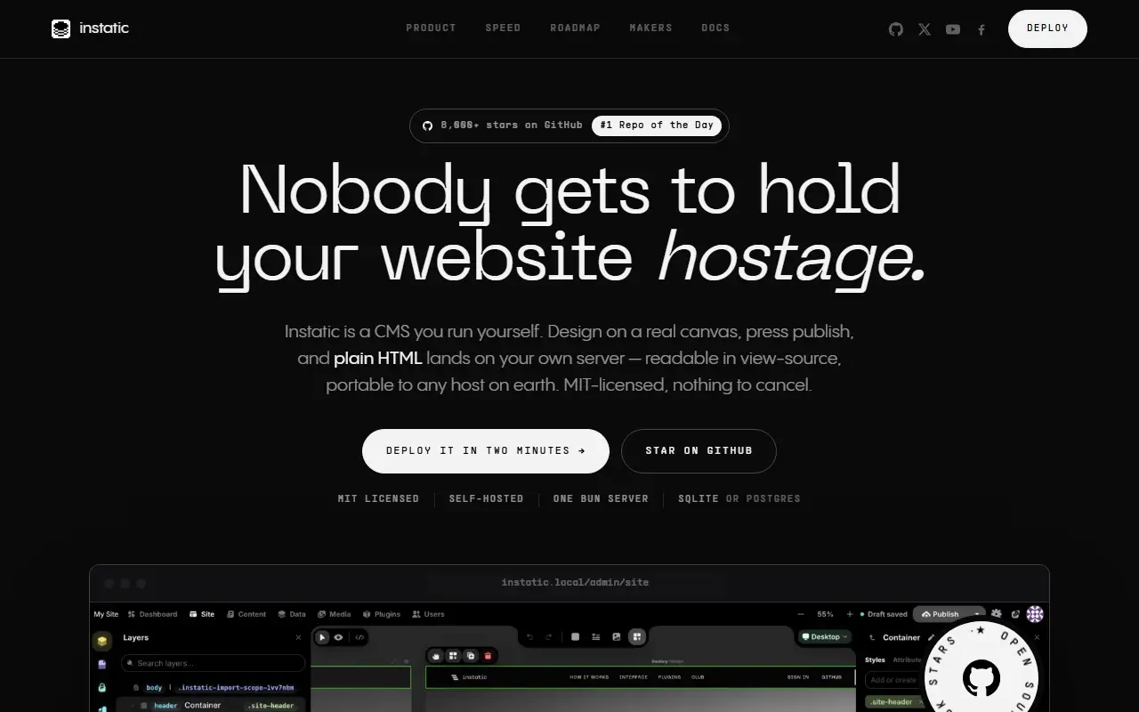 Instatic homepage screenshot