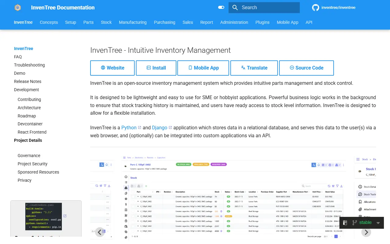 InvenTree homepage screenshot
