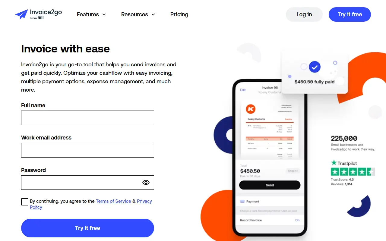 Invoice2go homepage screenshot