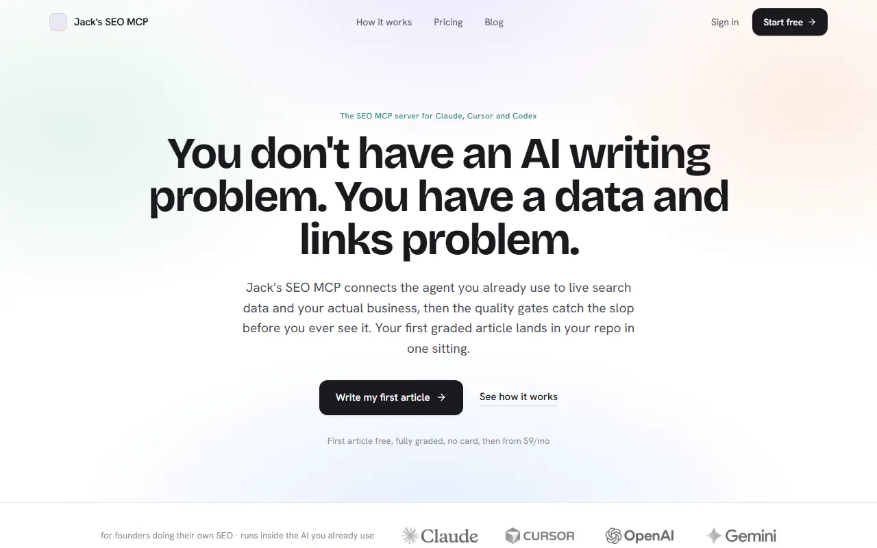 Jack's SEO MCP homepage screenshot