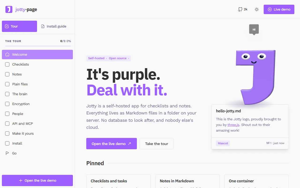Jotty homepage screenshot