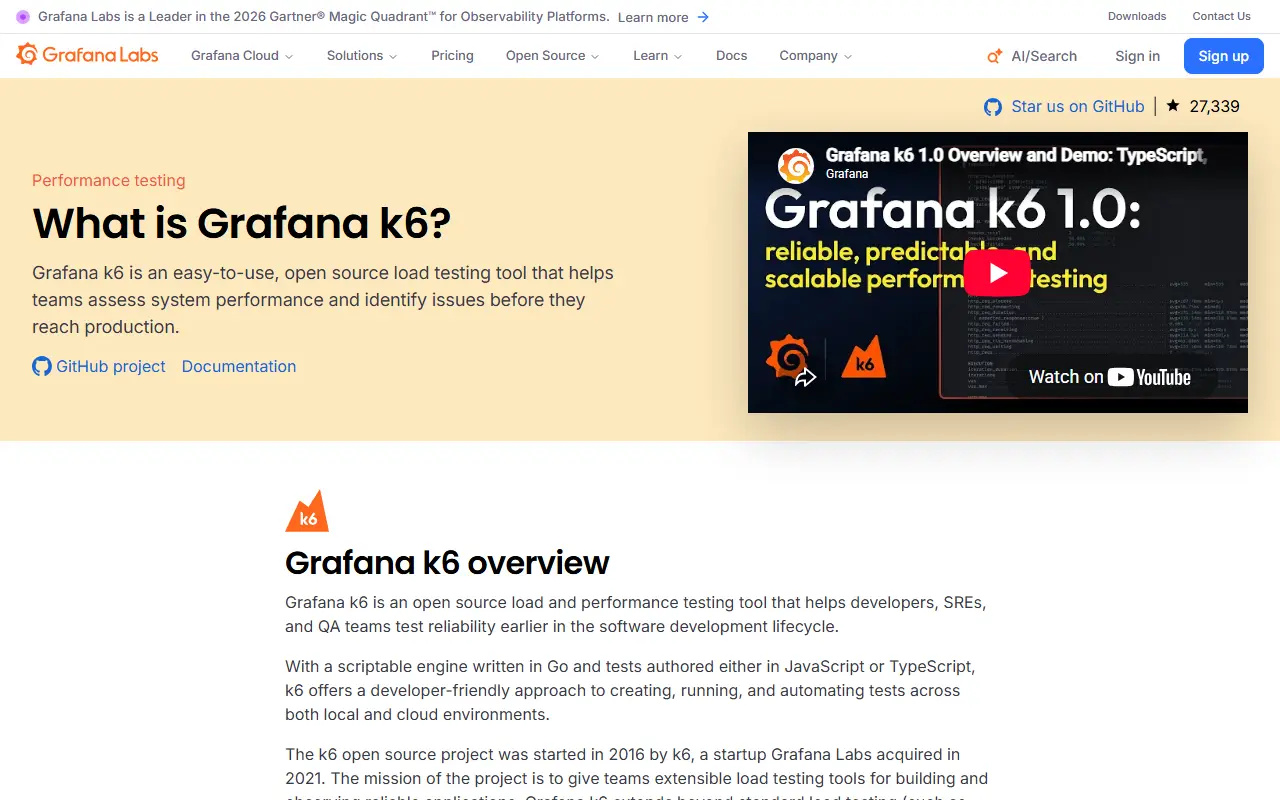 k6 homepage screenshot