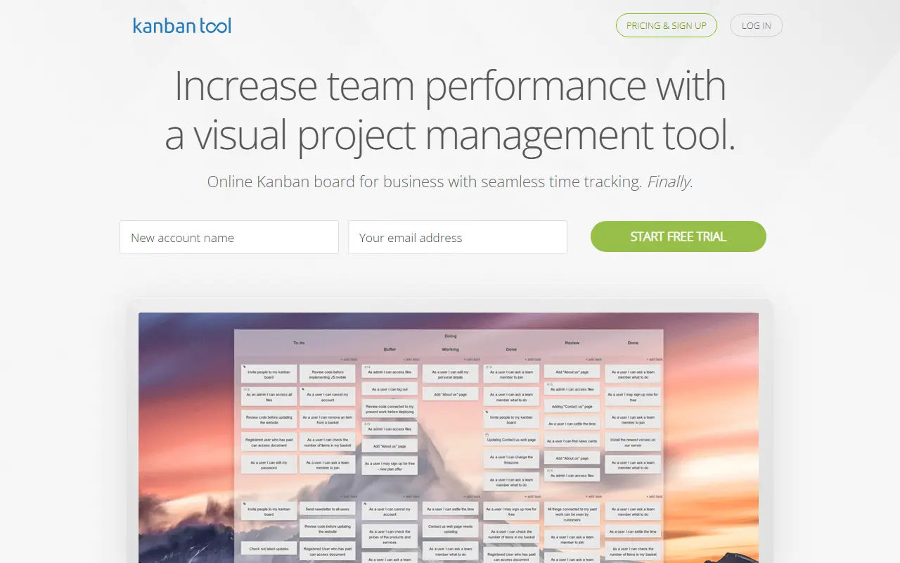 Kanban Tool homepage screenshot