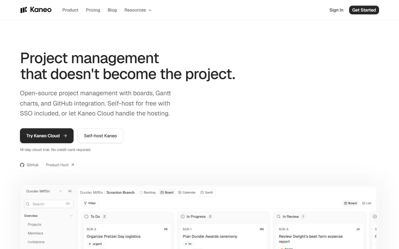 Kaneo homepage screenshot