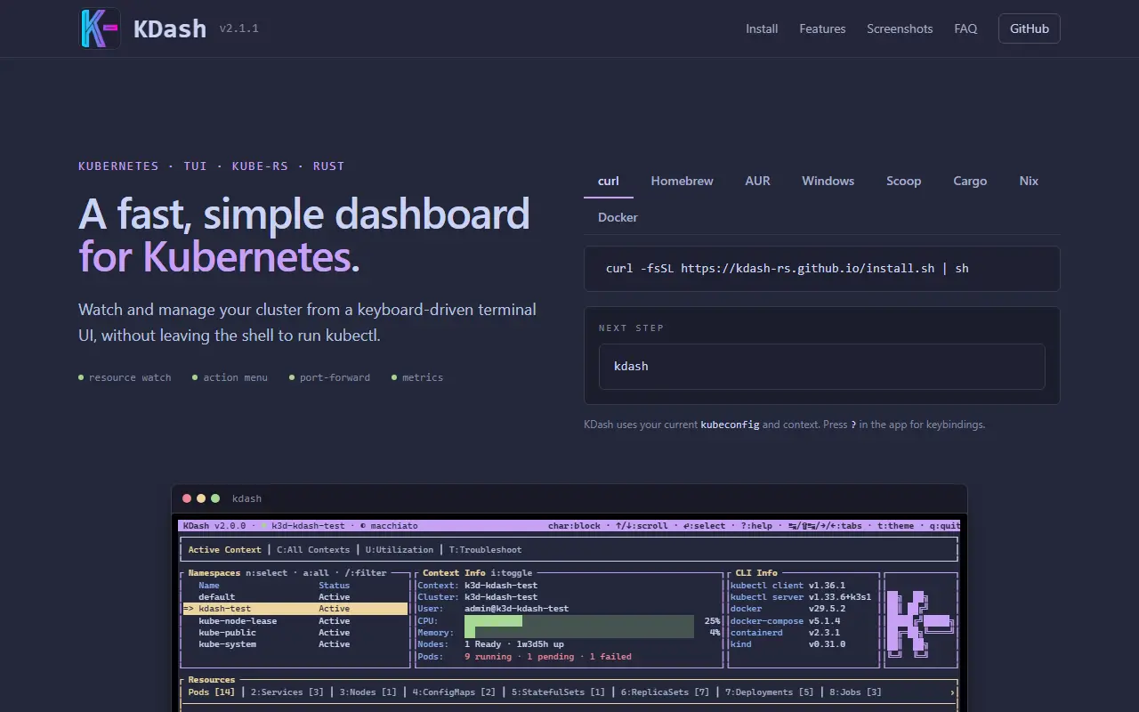 KDash homepage screenshot
