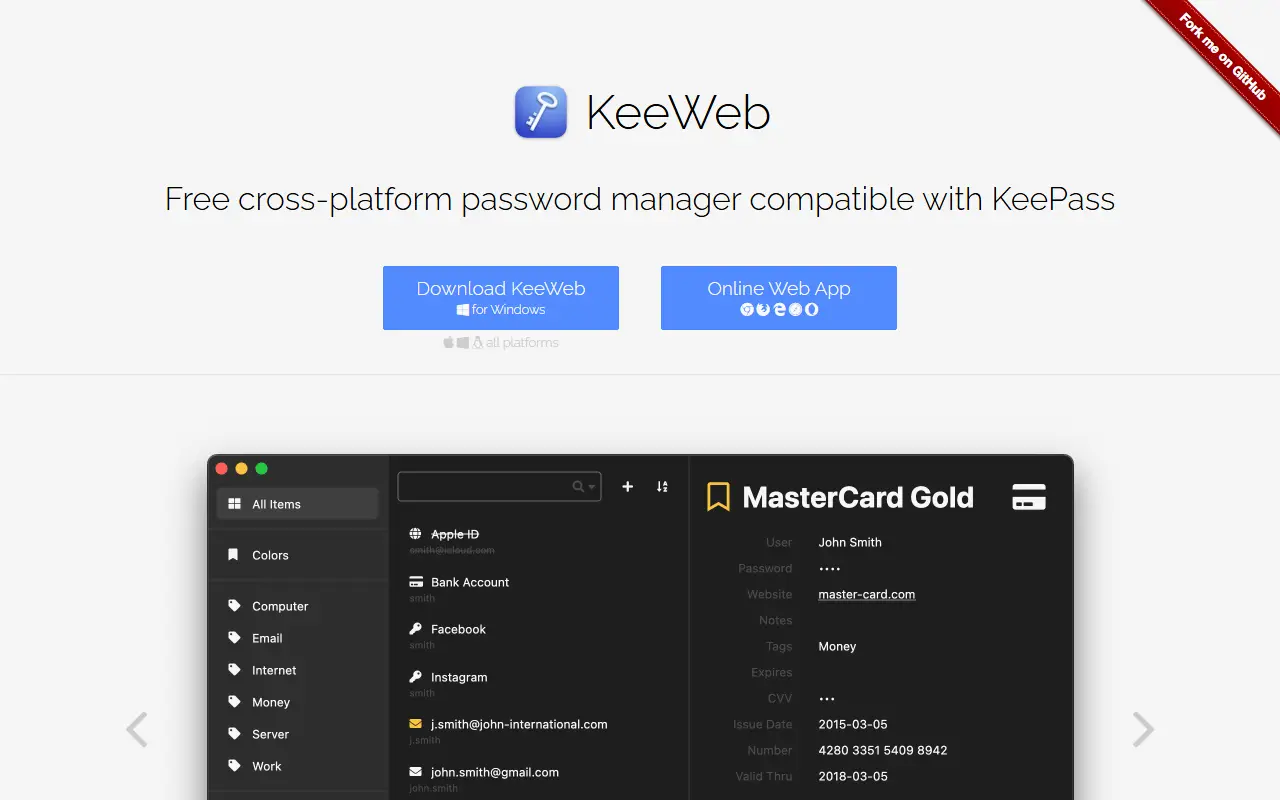 KeeWeb homepage screenshot