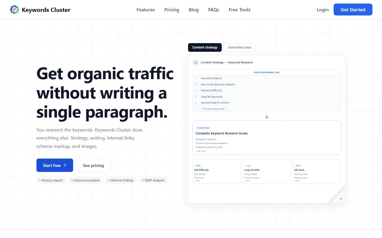 Keywords Cluster homepage screenshot