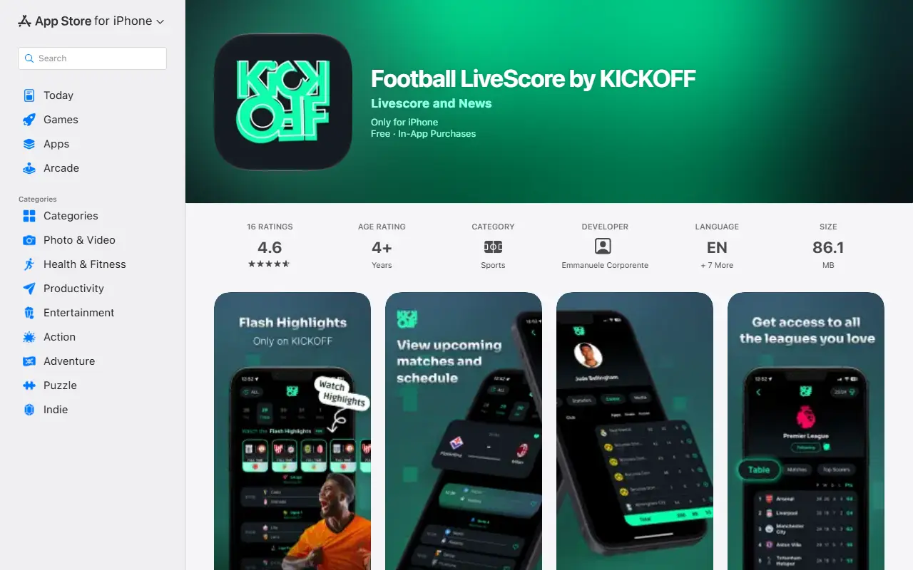 Kickoff Livescore homepage screenshot