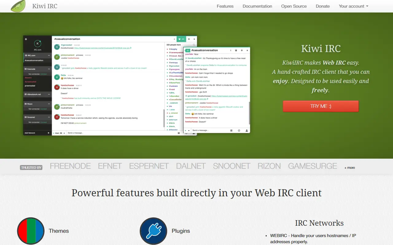 Kiwi IRC homepage screenshot