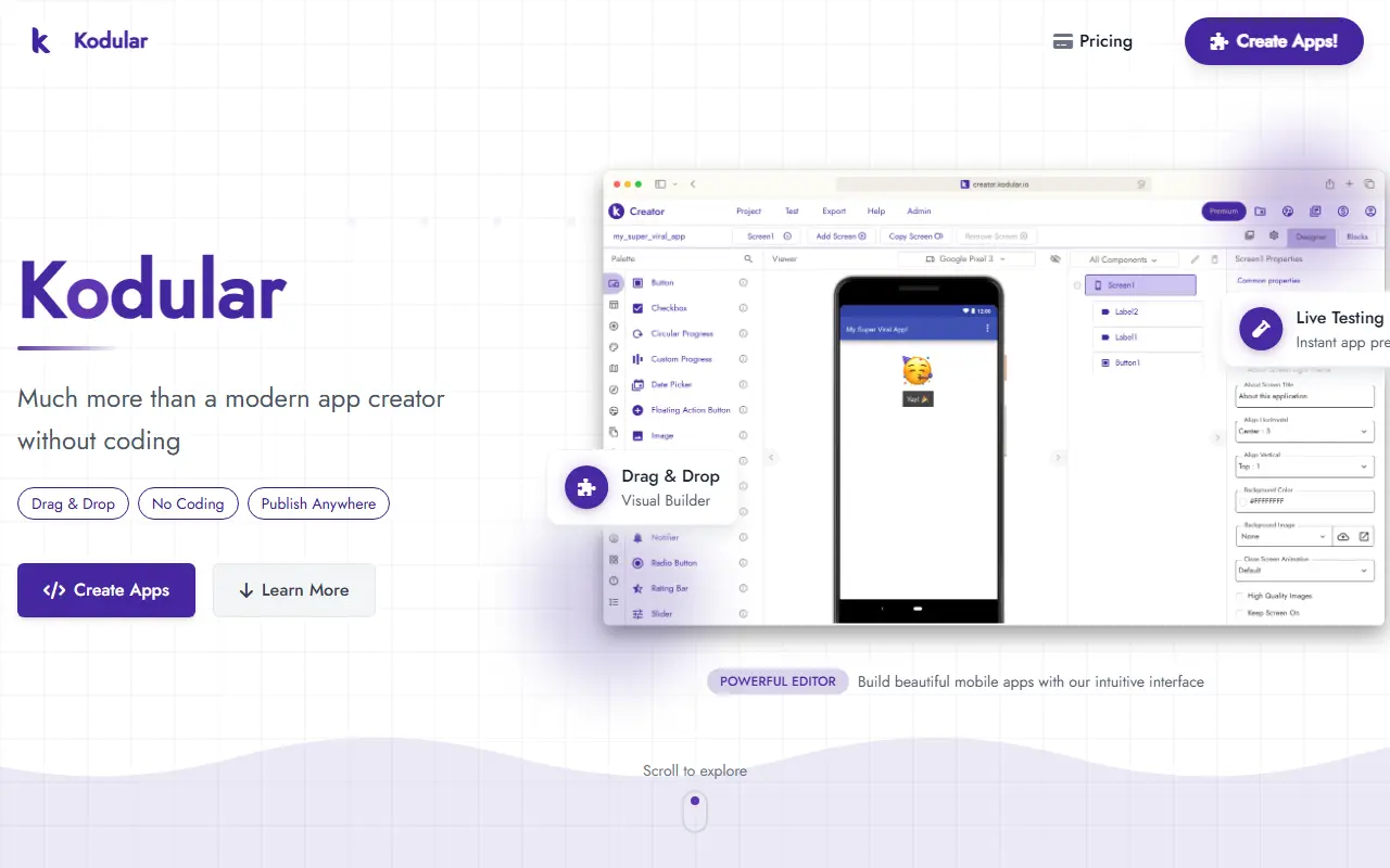 Kodular homepage screenshot