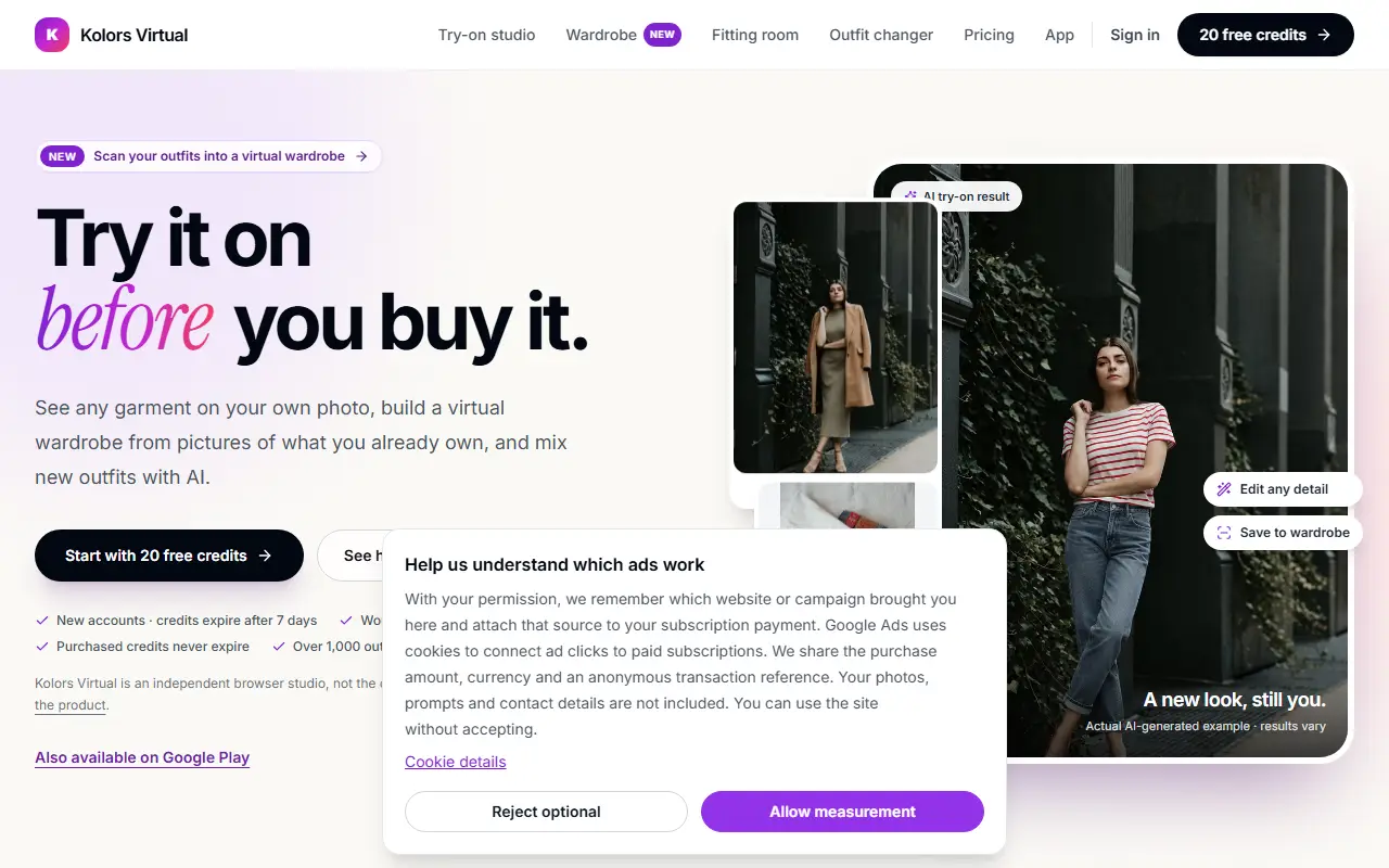 KolorsVirtualAI homepage screenshot
