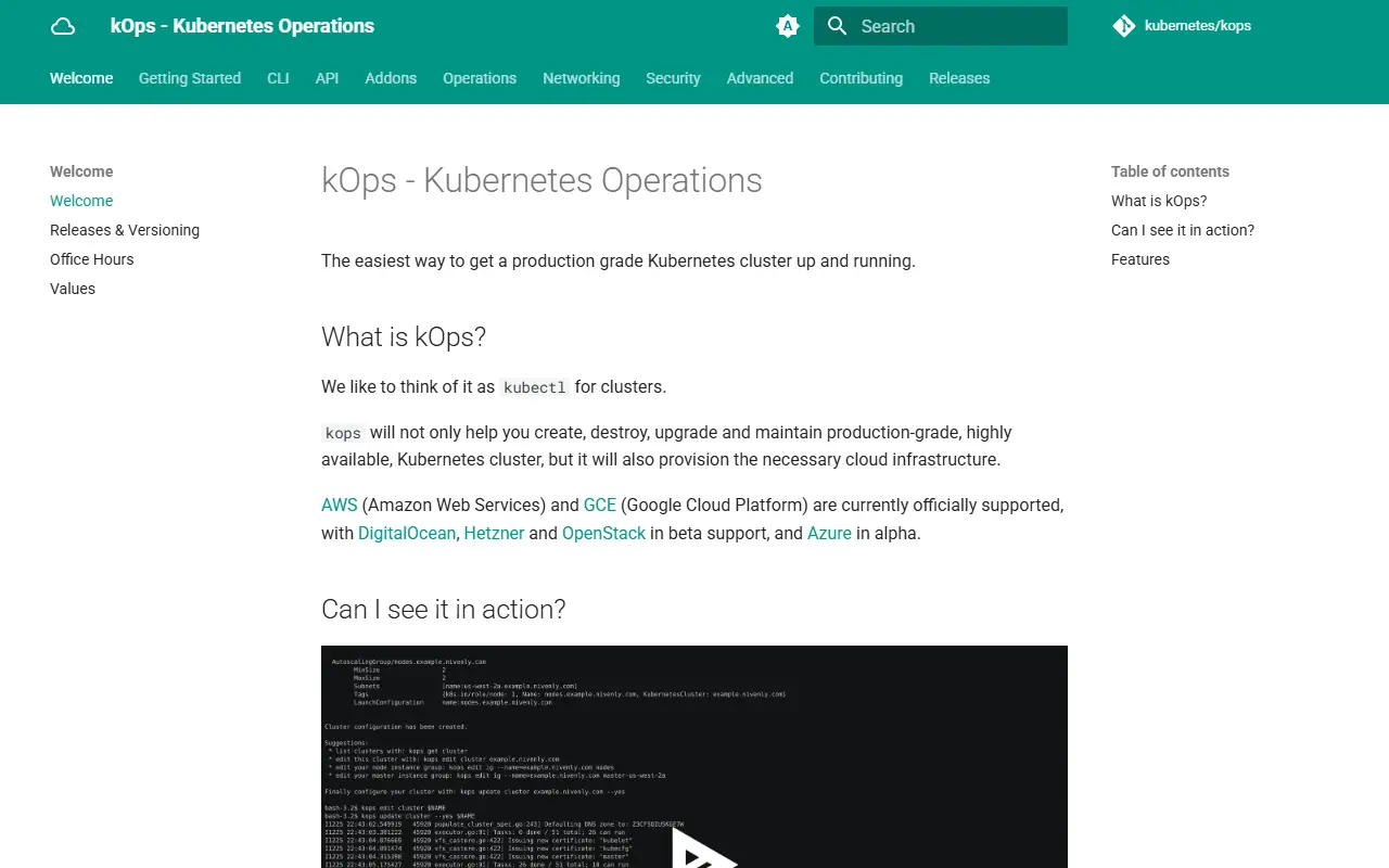 kOps homepage screenshot