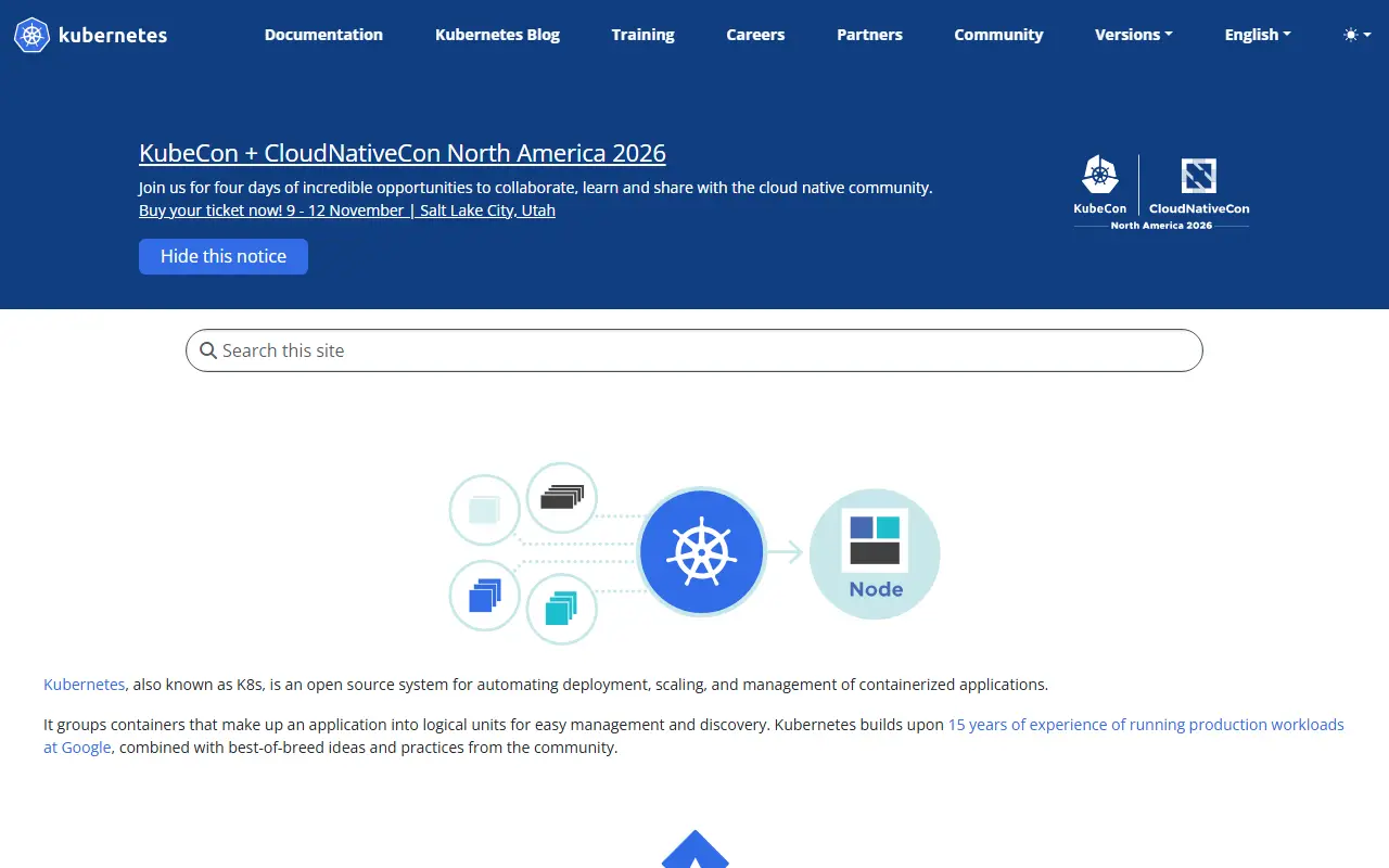 Kubernetes homepage screenshot