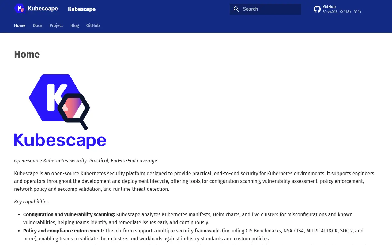 Kubescape homepage screenshot