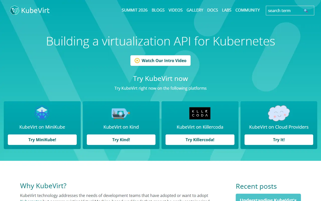 KubeVirt homepage screenshot
