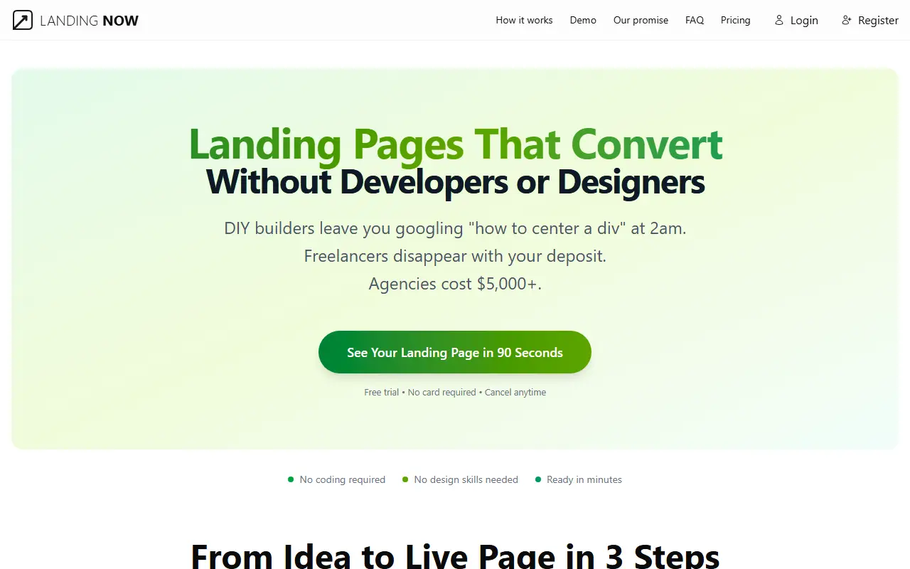 Landing Now homepage screenshot
