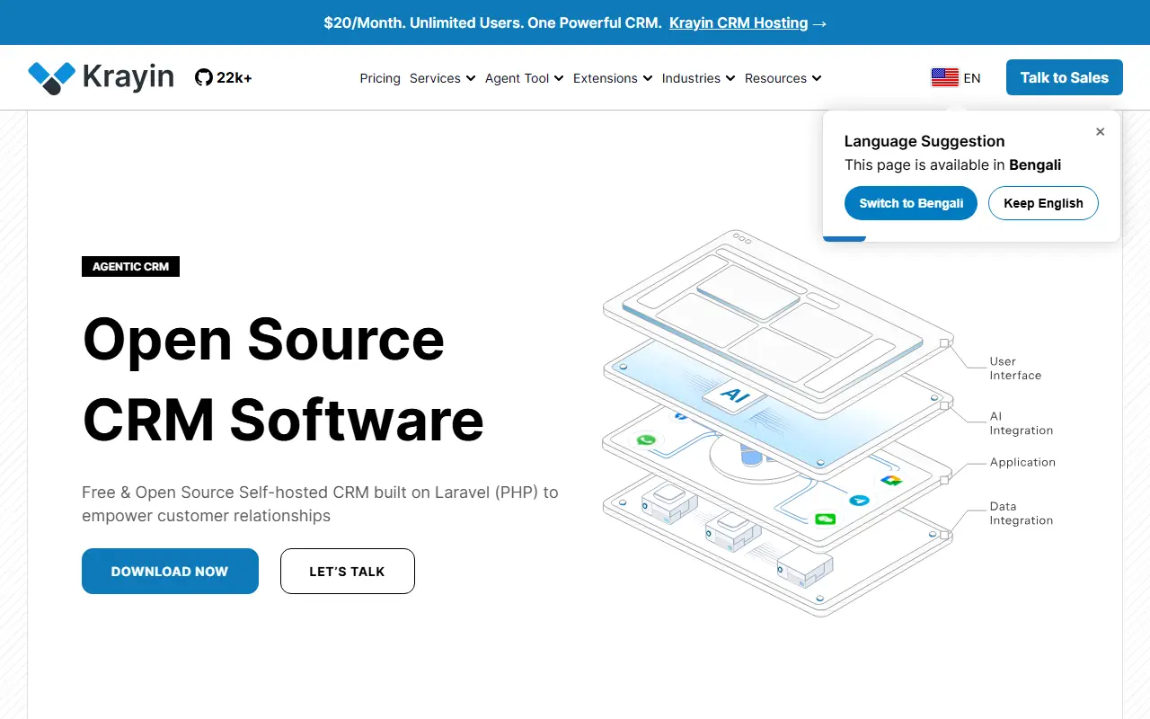 Krayin CRM homepage screenshot