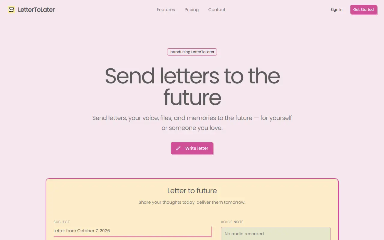 Letter to Later homepage screenshot