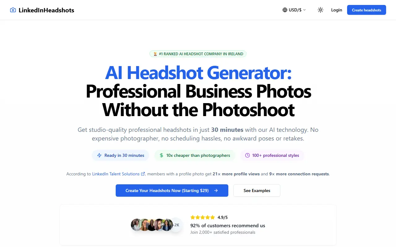 LinkedinHeadshots.ai homepage screenshot