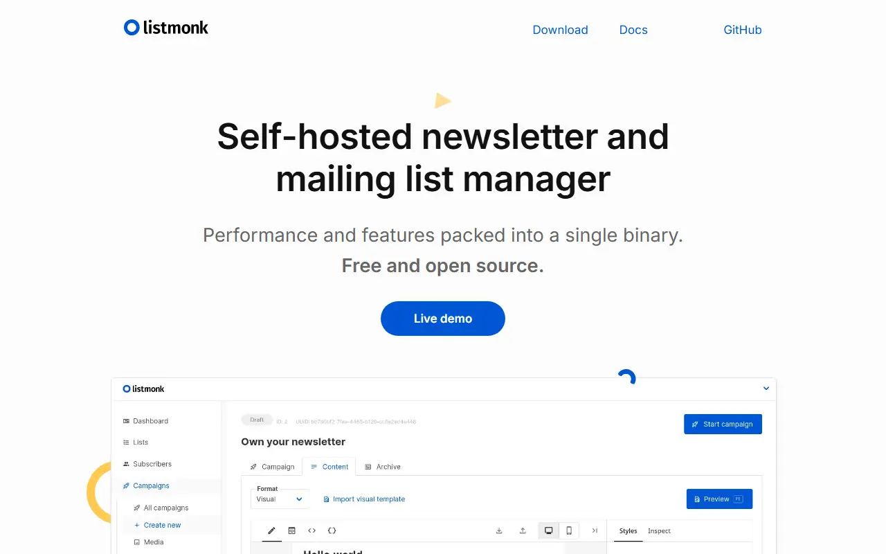 Listmonk homepage screenshot