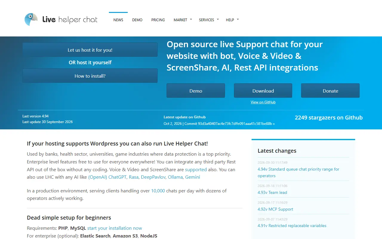 Live Helper Chat homepage screenshot