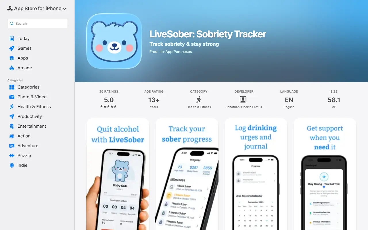 LiveSober homepage screenshot