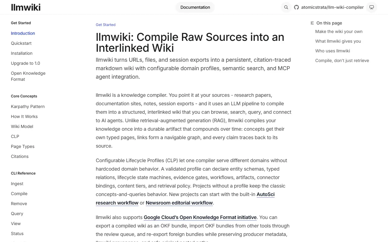 LLM Wiki Compiler homepage screenshot