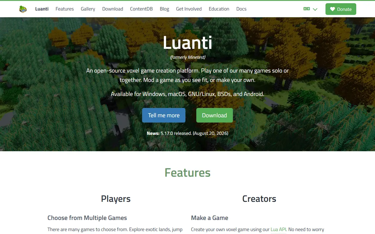 Luanti homepage screenshot