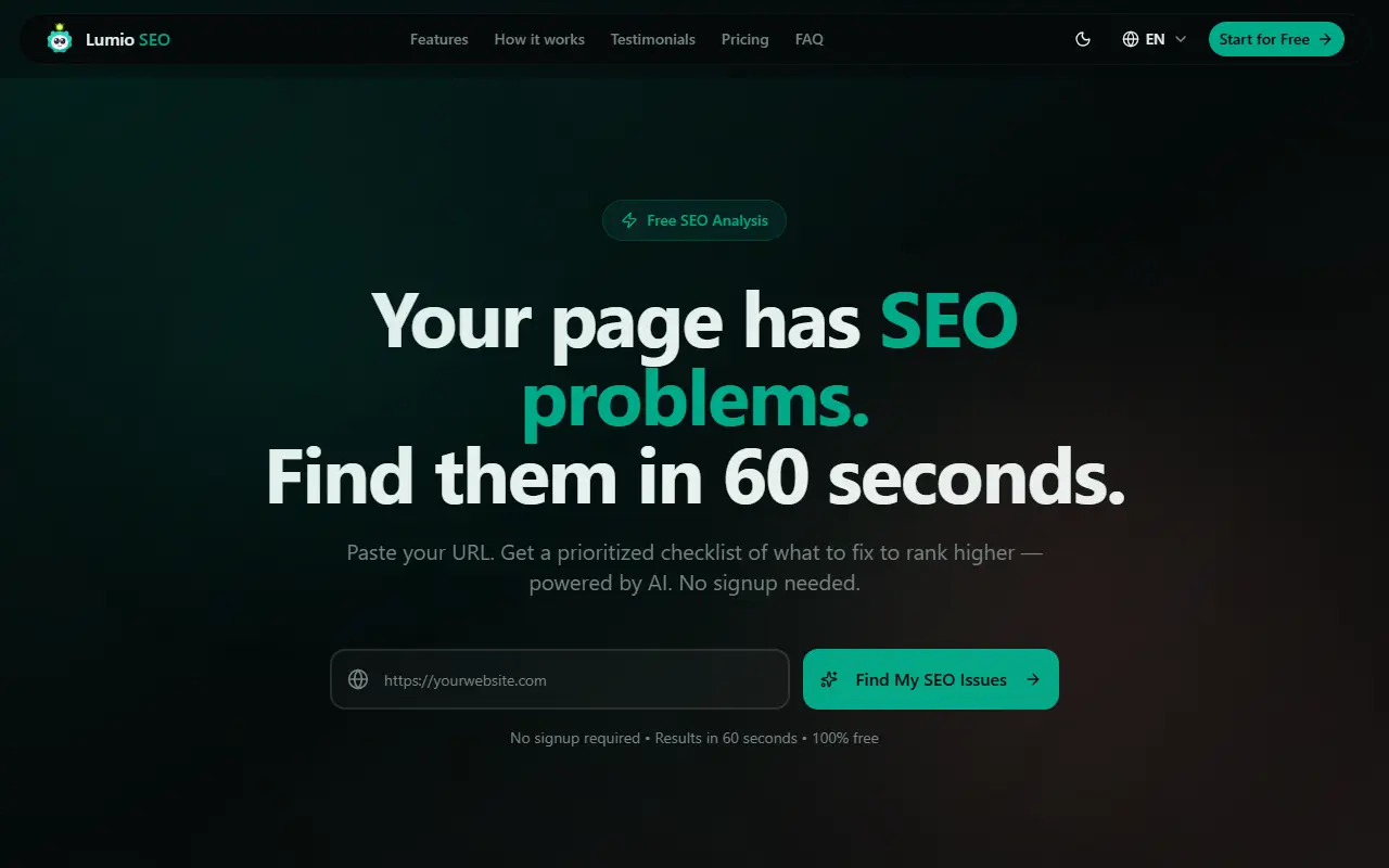 Lumio SEO homepage screenshot
