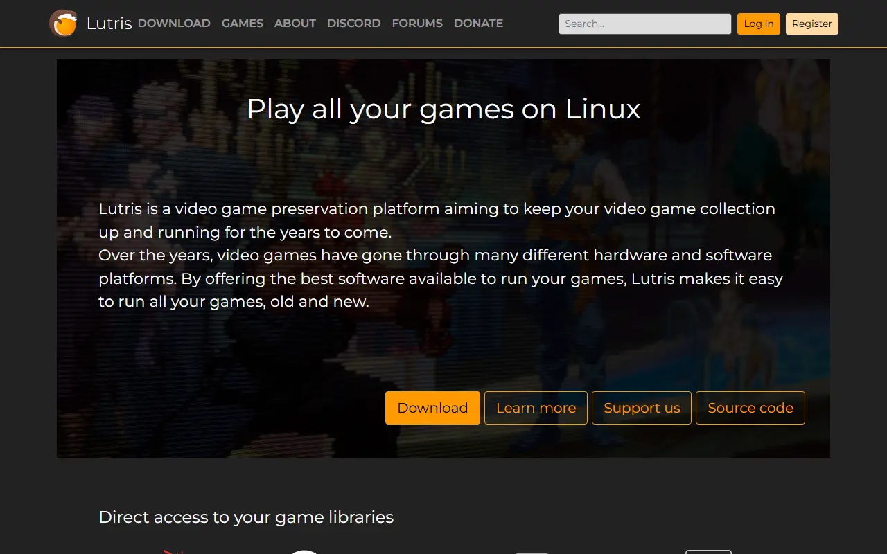 Lutris homepage screenshot