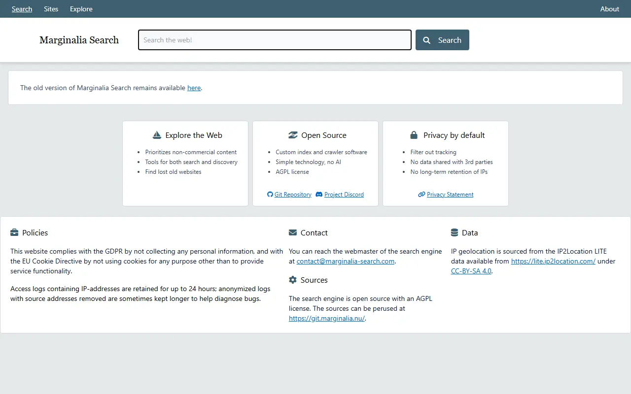 Marginalia Search homepage screenshot