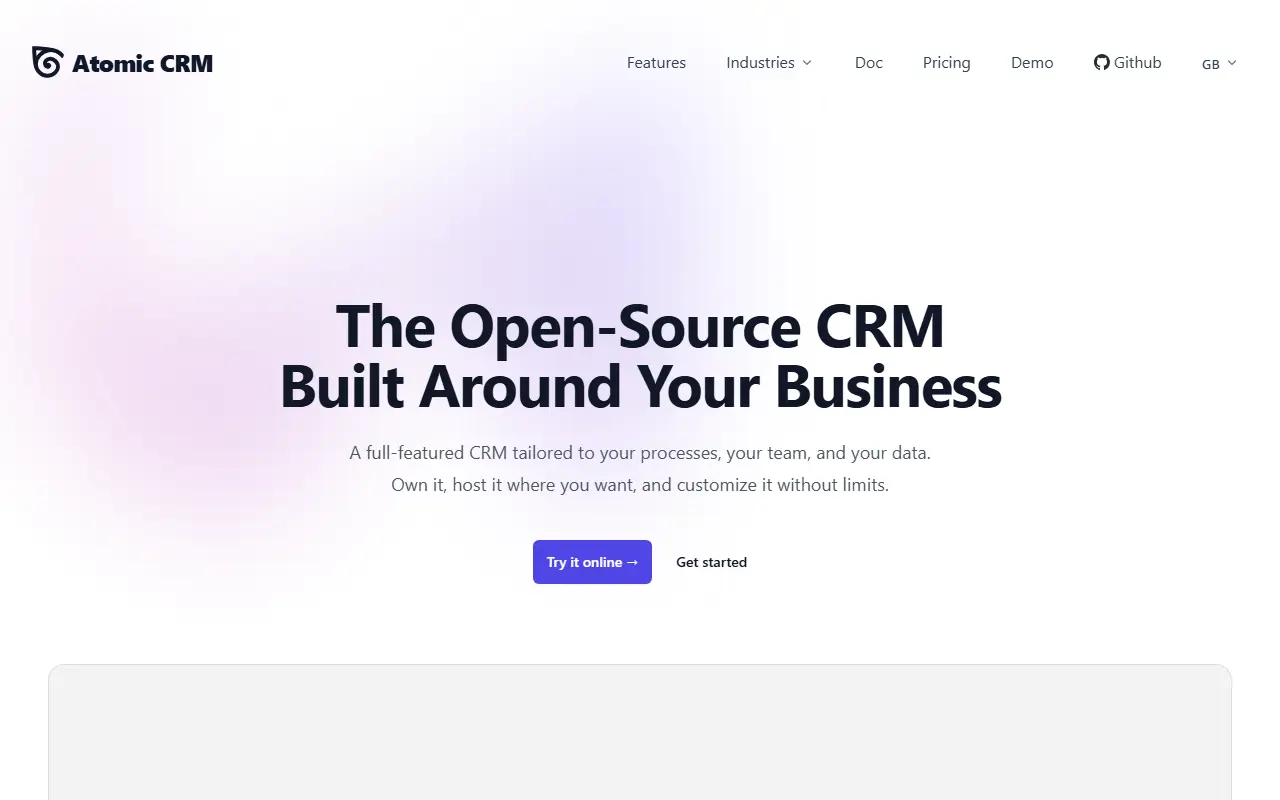 Atomic CRM homepage screenshot