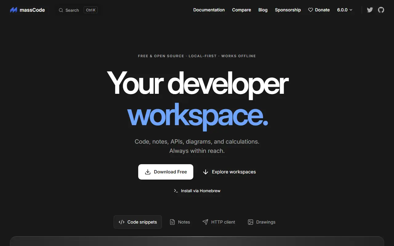 massCode homepage screenshot