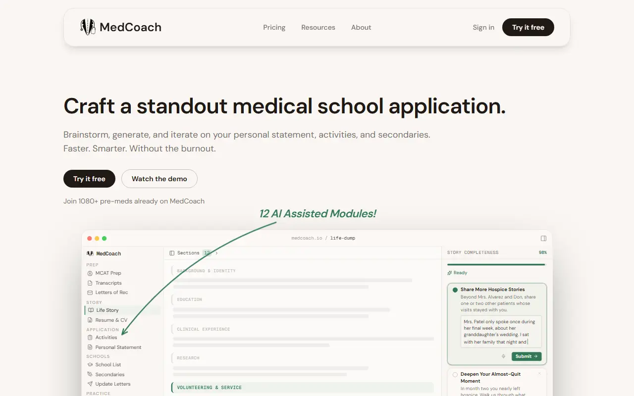 MedCoach homepage screenshot