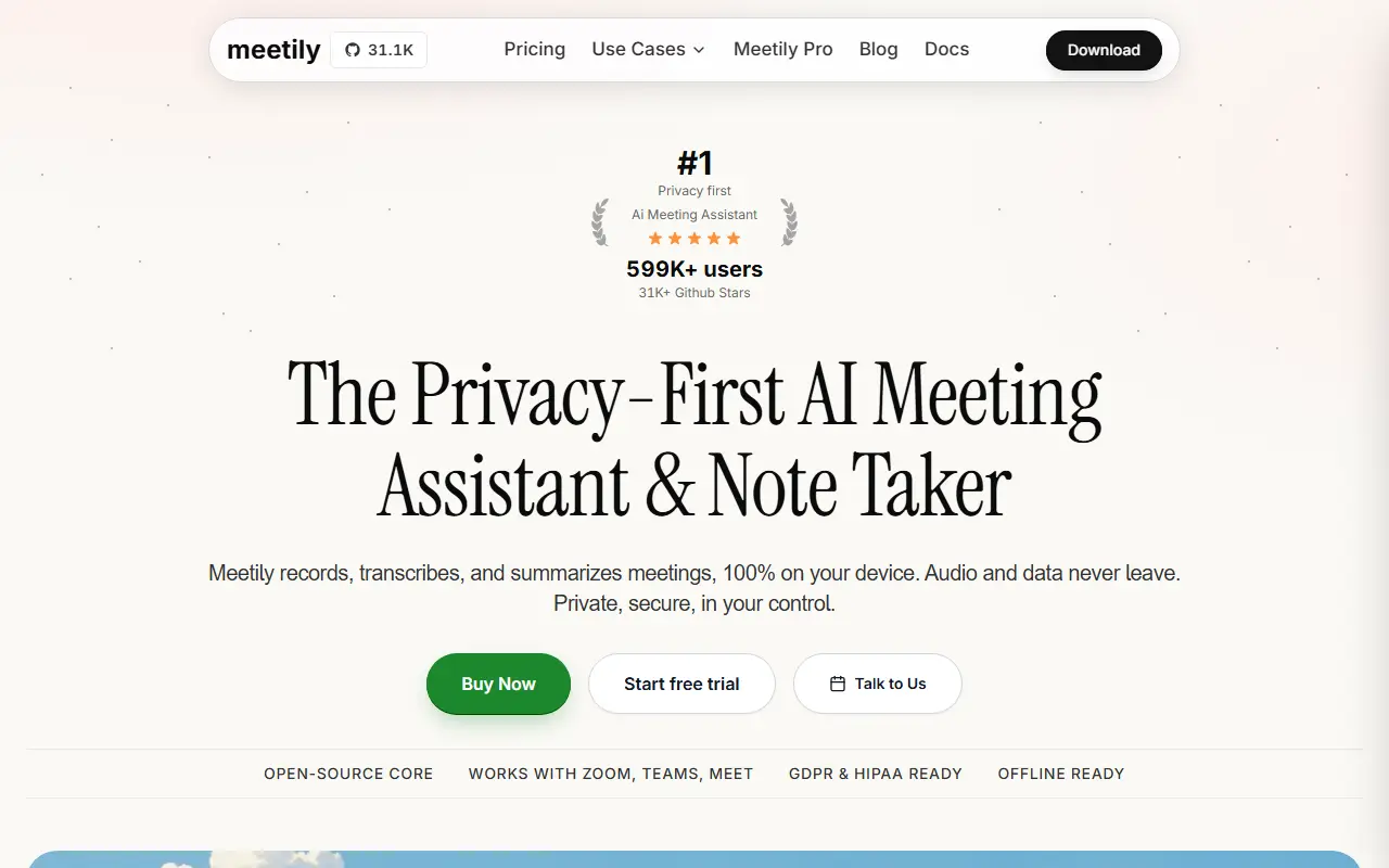Meetily homepage screenshot