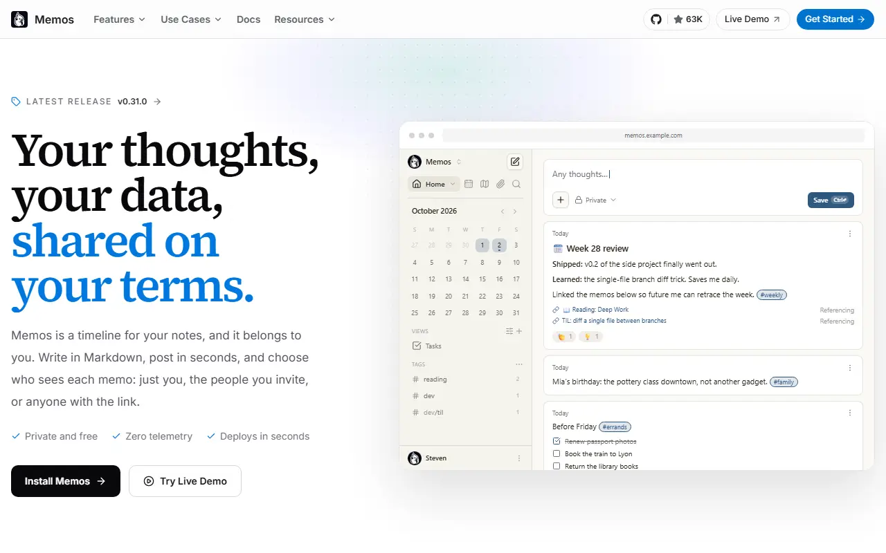 Memos homepage screenshot
