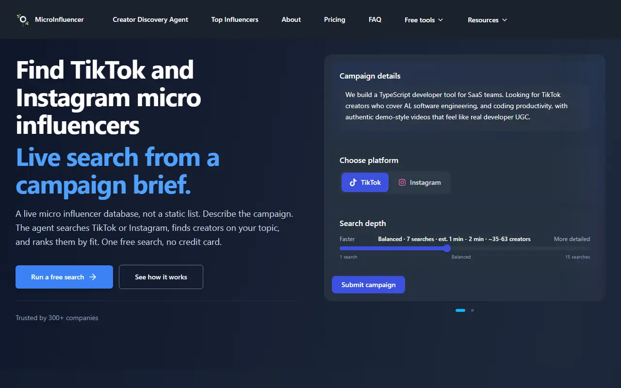 Microinfluencer homepage screenshot