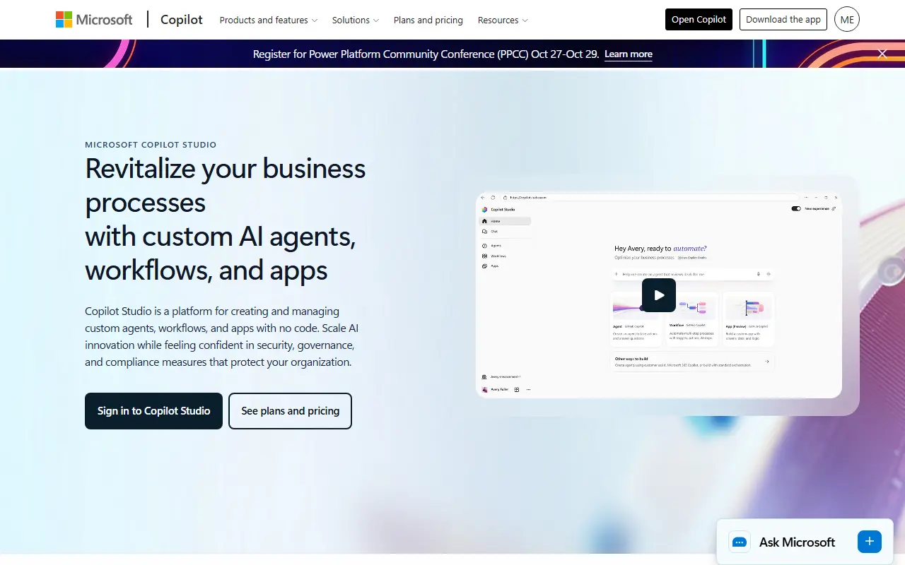 Microsoft Power Virtual Agents homepage screenshot