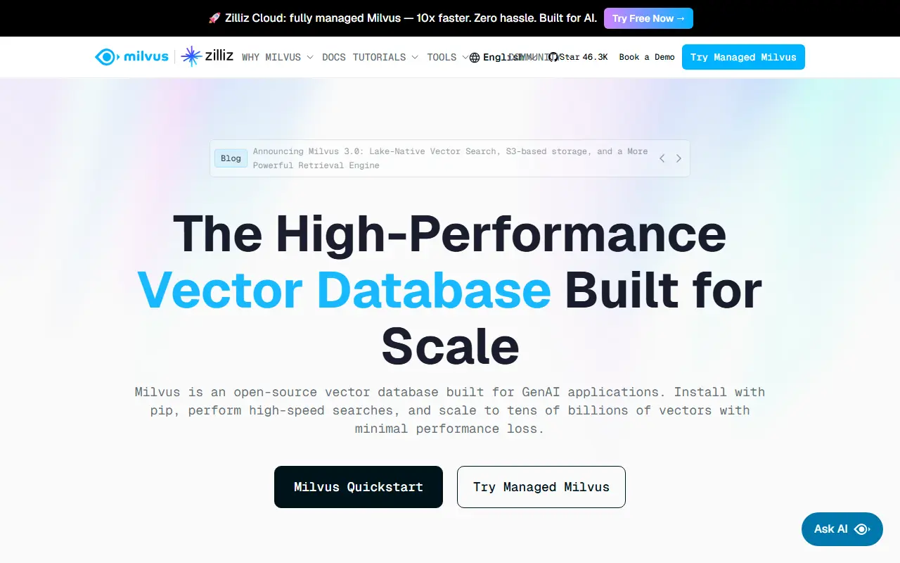 Milvus homepage screenshot