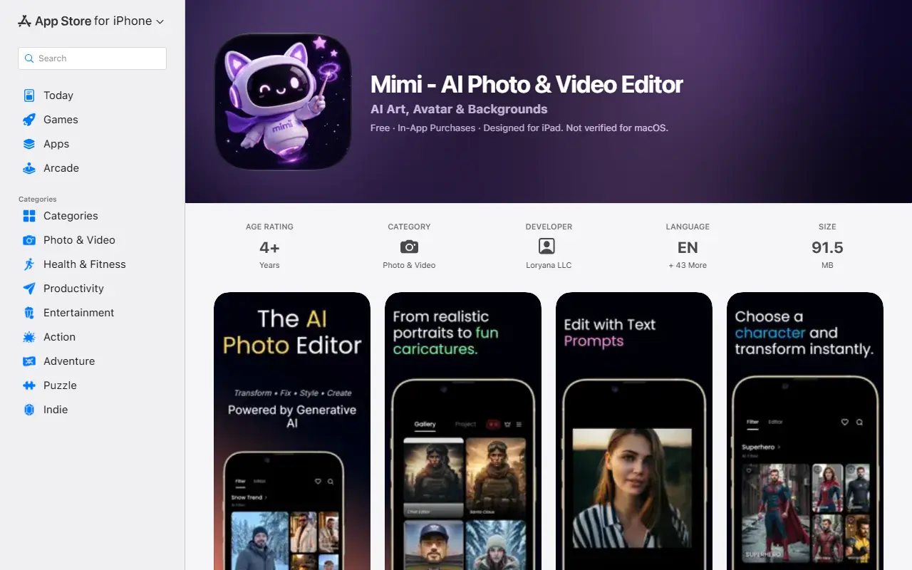 Mimi AI Photo Editor homepage screenshot